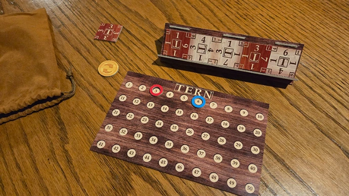 Tern's score card and a hand of tiles